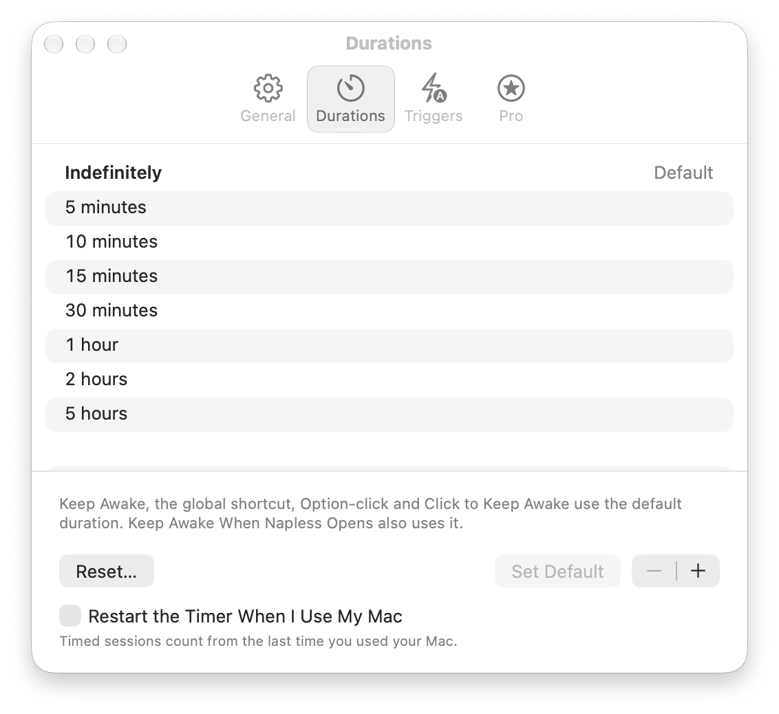 Napless Settings, Durations pane