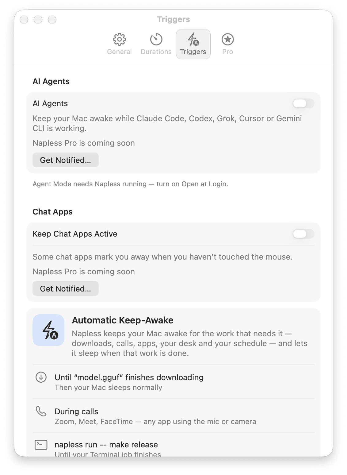 Napless Settings, Automatic Keep-Awake pane